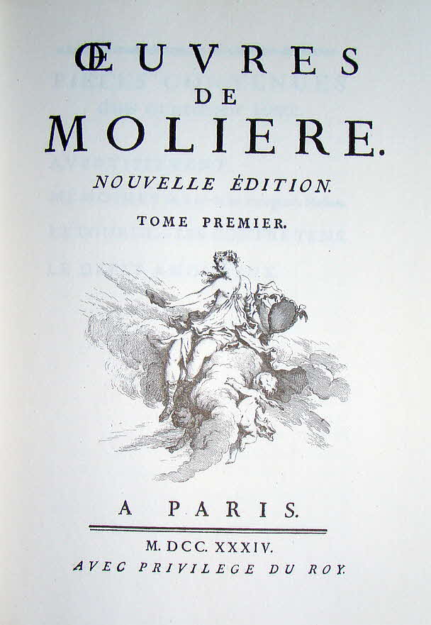 Moli�re (eigentlich Jean-Baptiste Poquelin; * vermutlich 14. Januar 1622 in Paris, getauft am 15. Januar 1622; � 17. Februar 1673 ebenda) war ein franz�sischer Schauspieler, Theaterdirektor und Dramatiker.

Er ist einer der gro�en Klassiker und machte die Kom�die zu einer der Trag�die potenziell gleichwertigen Gattung. Vor allem erhob er das Theater seiner Zeit zum Diskussionsforum �ber allgemeine menschliche Verhaltensweisen in der Gesellschaft.

Neun B�cher in Leder gebunden und auf Pergament gedruckt - Herausgeber Michel de L'Ormeraie, Paris 1972   27 x 20 x 4 cm    -  89 € mtl./K 950 €
