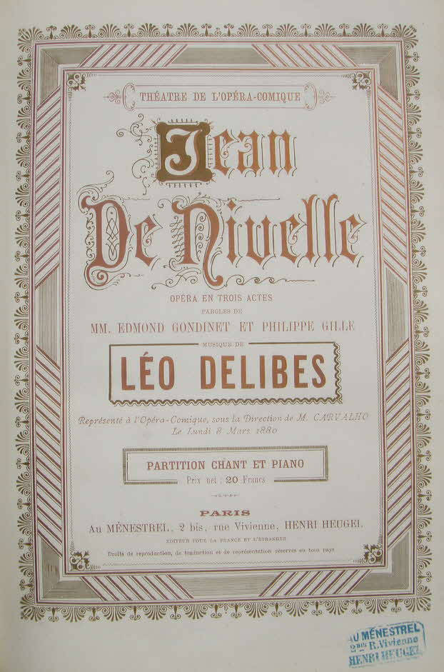 L�o Delibes oder Cl�ment Philibert L�o Delibes (* 21. Februar 1836 bei Saint-Germain-du-Val (Sarthe); � 16. Januar 1891 in Paris) war ein franz�sischer Komponist. Mit seiner einpr�gsamen Melodik, rhythmischen Brillanz und funkelnden farbigen Orchestrierung z�hlte er zu den beliebtesten B�hnenkomponisten der Romantik. Er belebte die Ballettmusik, trat aber auch mit einigen Opern hervor. Daneben schuf er Kirchenmusik und Lieder.

Jean de Nivelle, Op�ra-comique, komponiert 1880 - 39 € mtl./K 350 €