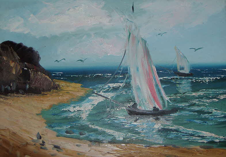 Zwei Segelboote am Strand bei rauher See begleitet von einem Schwarm M�wen um 1970 - 32 x 47 cm - 39 € mtl./K 450 €