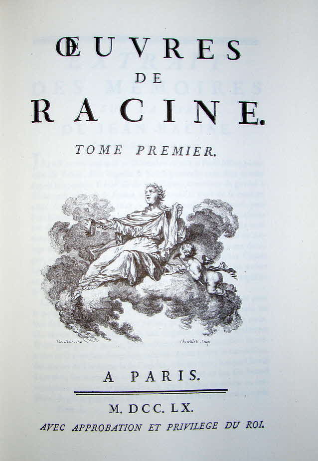Jean Baptiste Racine (* 21. Dezember 1639 in La Fert�-Milon; � 21. April 1699 in Paris) war einer der bedeutendsten Autoren der franz�sischen Klassik. Er gilt den Franzosen als ihr gr��ter Trag�dienautor neben oder gar vor Pierre Corneille.

Drei B�cher in Leder gebunden und auf Pergament gedruckt - Herausgeber Michel de L'Ormeraie, Paris 1972   27 x 20 x 4 cm    -  89 € mtl./K 950 €

