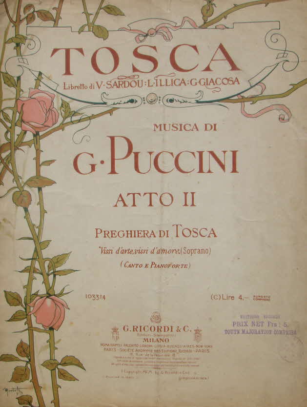 Giacomo Puccini (* 22. Dezember 1858 in Lucca; � 29. November 1924 in Br�ssel) war ein italienischer Komponist.

Tosca. Melodramma (3 Akte). Libretto: Luigi Illica, Giuseppe Giacosa. Erstauff�hrung 14. Januar 1900 Rom (Teatro Costanzi)
Auszug VISSI d'ARTE 5 Seiten 35 x 26 cm - 39 € mtl./K 350 €