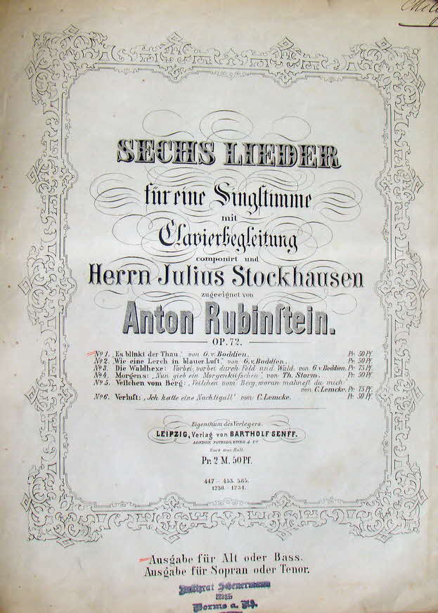 Anton Grigorjewitsch Rubinstein (* 28. November 1829 in Wychwatinez; � 20. November 1894 in Peterhof bei Sankt Petersburg) war ein russischer Komponist, Pianist und Dirigent.
Am 11. Juli 1839 gab Rubinstein als Neunj�hriger sein erstes �ffentliches Konzert in Moskau mit Werken von Hummel, Henselt, Thalberg und Liszt. Nur ein Jahr sp�ter, 1840, unternahm er in Begleitung seines Lehrers Villoing seine erste Auslandstournee nach Paris. Dort lernte er Franz Liszt kennen, der ihn von da an f�rderte und mit dem er zeit seines Lebens in Verbindung bleiben sollte. Durch den Erfolg in Paris ermutigt, setzte Rubinstein seine Konzertreise bis 1843 noch durch verschiedene europ�ische L�nder wie England, die Niederlande, Schweiz und Deutschland fort. In Breslau trat er mit seiner ersten Klavierkomposition Undine auf  - 39 € mtl./K 350 €