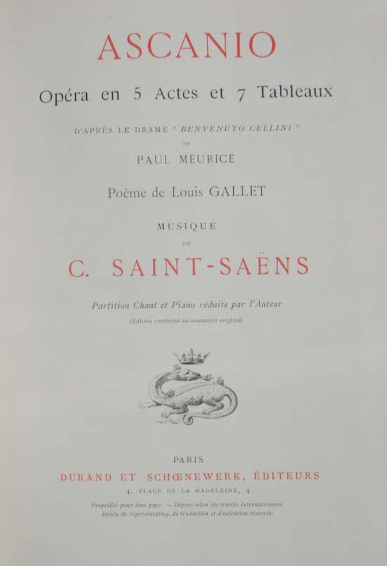 Charles Camille Saint-Sa�ns (* 9. Oktober 1835 in Paris; � 16. Dezember 1921 in Algier) war ein franz�sischer Pianist, Organist, Musikwissenschaftler, Musikp�dagoge und Komponist der Romantik.

Ascanio ist eine Oper in f�nf Akten und sieben Tableaus. Das franz�sische Libretto der Oper von Louis Gallet basiert auf dem 1852er Spiel Benvenuto Cellini vom franz�sischen Dramatiker Paul Meurice, der wiederum auf dem historischen Roman von Alexandre Dumas, P�re, basierte. Der Name wurde in Ascanio ge�ndert, um Verwechslungen mit der Berlioz-Oper Benvenuto Cellini zu vermeiden. Die Oper wurde am 21. M�rz 1890 bei der Acad�mie Nationale de Musique in Paris uraufgef�hrt  - 39 € mtl./K 350 €