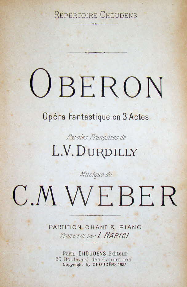 Carl Maria Friedrich Ernst von Weber (* 19. November 1786 in Eutin, Hochstift L�beck; � 5. Juni 1826 in London) war ein deutscher Komponist, Dirigent und Pianist.

Oberon or The Elf-Kings Oath (dt. Titel: �Oberon�)  Erstauff�hrung 1826; Libretto von James Robinson Planch�, nach Christoph Martin Wieland - 39 € mtl./K 350 €
